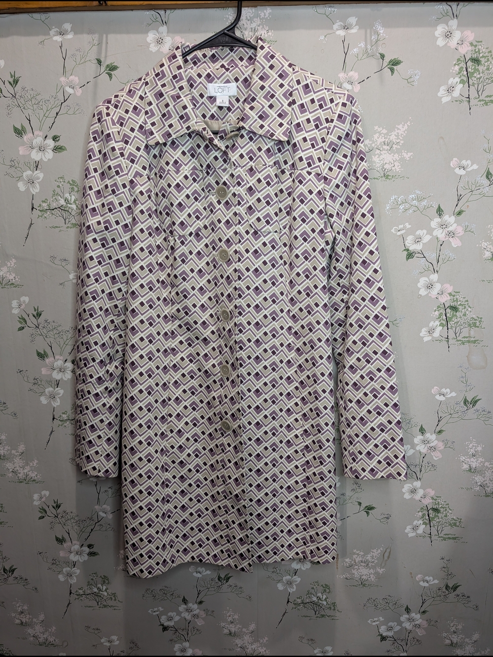 LOFT Cream and Purple Geometric Trench Coat